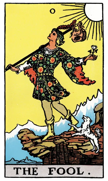The Fool tarot card from a Rider-Waite-Smith-style deck