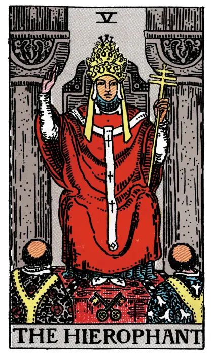 The Hierophant tarot card from a Rider-Waite-Smith-style deck