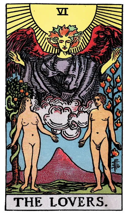 The Lovers tarot card from a Rider-Waite-Smith-style deck