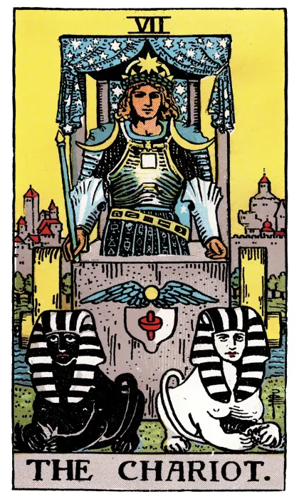The Chariot tarot card from a Rider-Waite-Smith-style deck