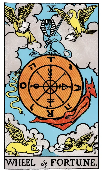Wheel of Fortune tarot card from a Rider-Waite-Smith-style deck