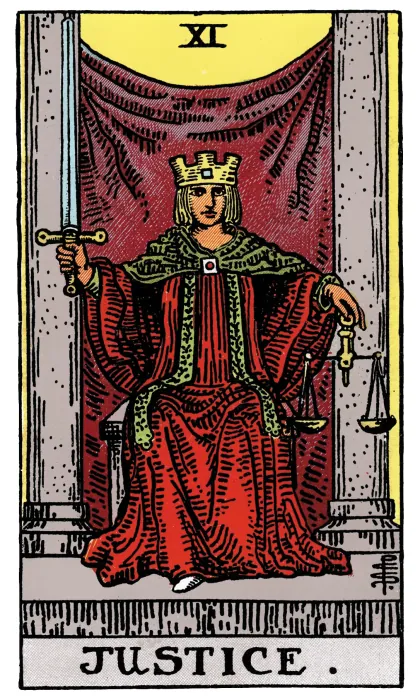 Justice tarot card from a Rider-Waite-Smith-style deck
