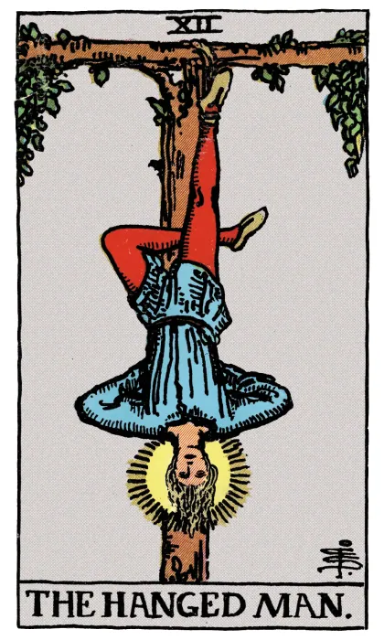 The Hanged Man tarot card from a Rider-Waite-Smith-style deck