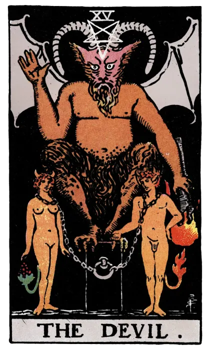 The Devil tarot card from a Rider-Waite-Smith-style deck