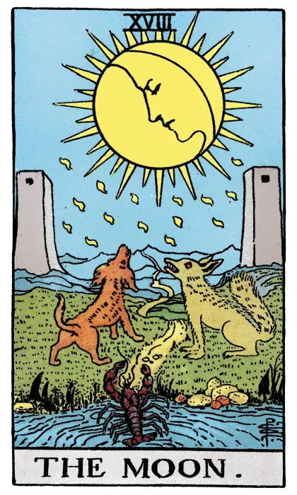 The Moon tarot card from a Rider-Waite-Smith-style deck