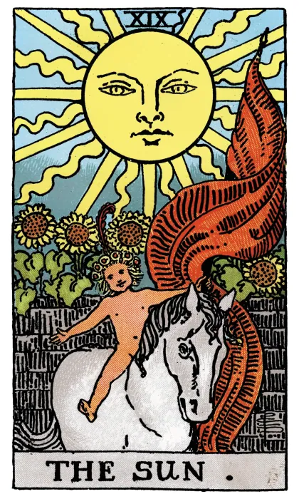 The Sun tarot card from a Rider-Waite-Smith-style deck