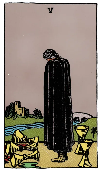 Five of Cups tarot card from a Rider-Waite-Smith-style deck