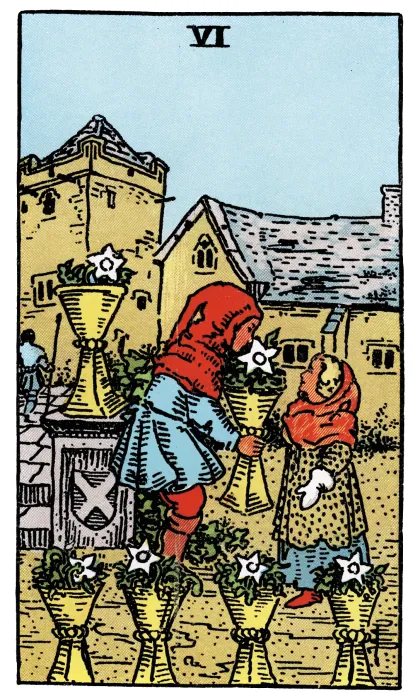 Six of Cups tarot card from a Rider-Waite-Smith-style deck
