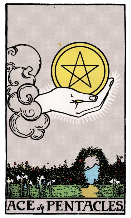 Ace of Pentacles tarot card from a Rider-Waite-Smith-style deck