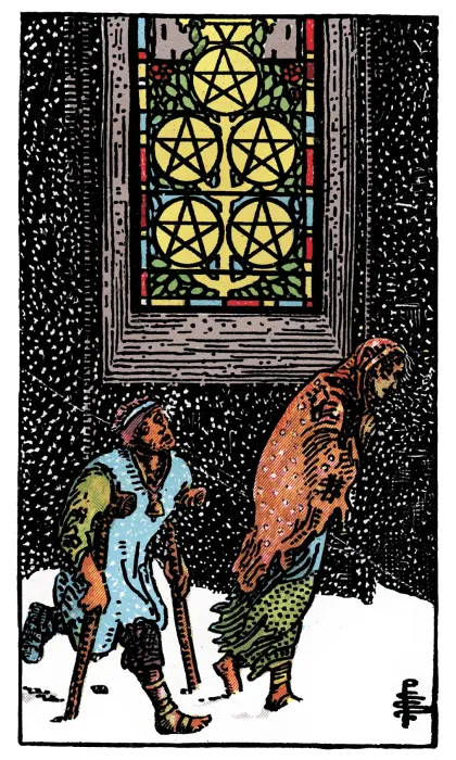 Five of Pentacles tarot card from a Rider-Waite-Smith-style deck