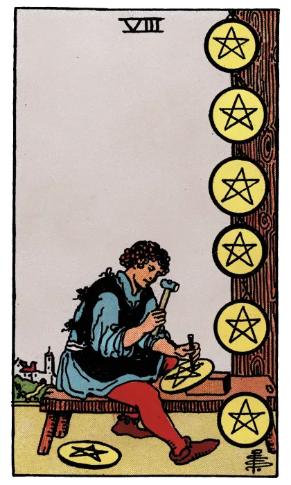 Eight of Pentacles tarot card from a Rider-Waite-Smith-style deck