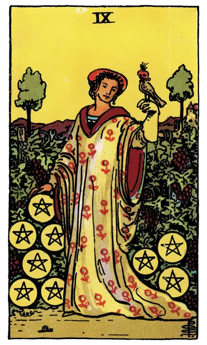 Nine of Pentacles tarot card from a Rider-Waite-Smith-style deck