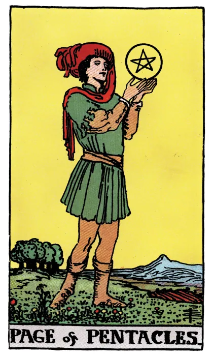 Page of Pentacles tarot card from a Rider-Waite-Smith-style deck