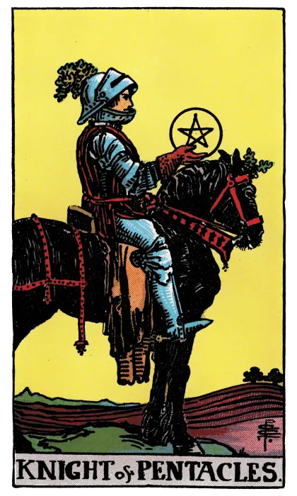 Knight of Pentacles tarot card from a Rider-Waite-Smith-style deck