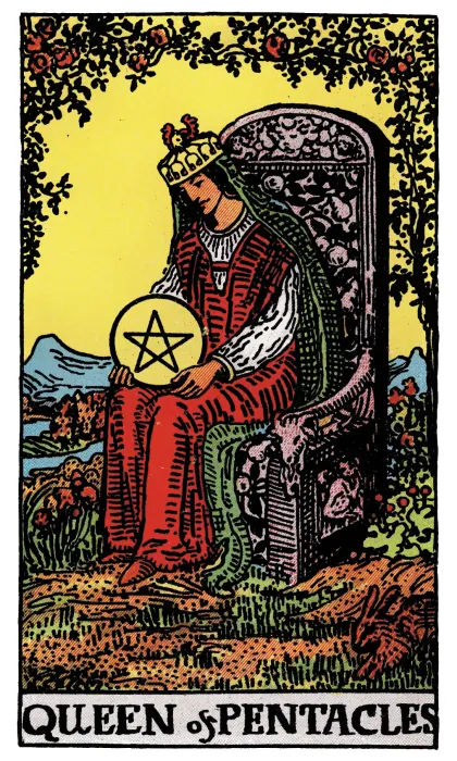 Queen of Pentacles tarot card from a Rider-Waite-Smith-style deck
