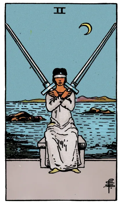 Two of Swords tarot card from a Rider-Waite-Smith-style deck