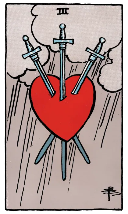 Three of Swords tarot card from a Rider-Waite-Smith-style deck