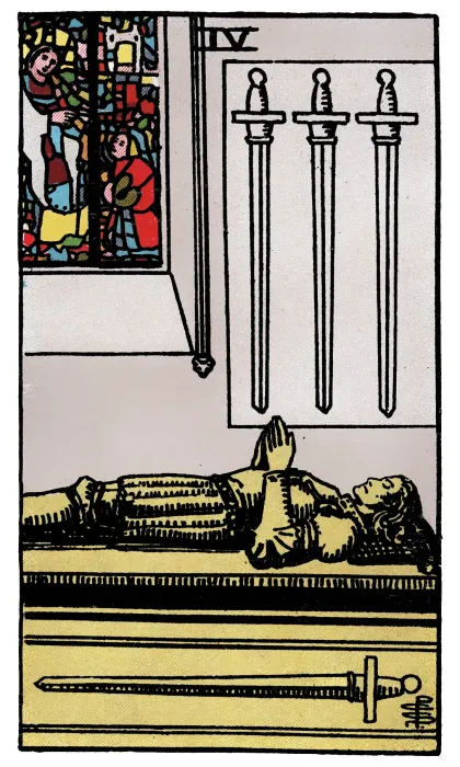 Four of Swords tarot card from a Rider-Waite-Smith-style deck