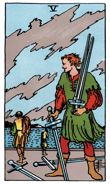 Five of Swords tarot card from a Rider-Waite-Smith-style deck