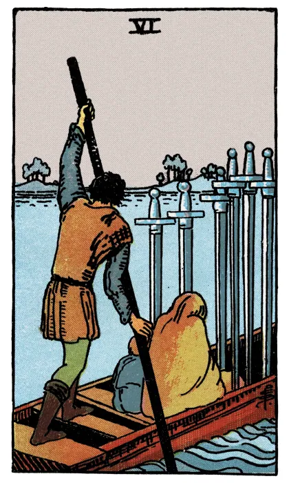 Six of Swords tarot card from a Rider-Waite-Smith-style deck