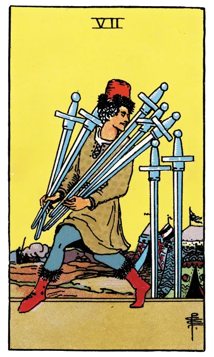 Seven of Swords tarot card from a Rider-Waite-Smith-style deck