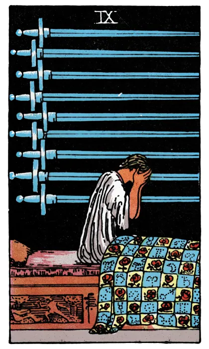 Nine of Swords tarot card from a Rider-Waite-Smith-style deck
