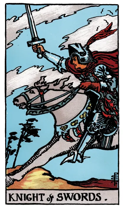 Knight of Swords tarot card from a Rider-Waite-Smith-style deck