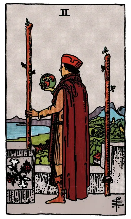 Two of Wands tarot card from a Rider-Waite-Smith-style deck
