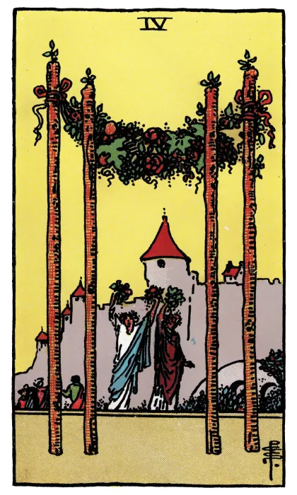 Four of Wands tarot card from a Rider-Waite-Smith-style deck