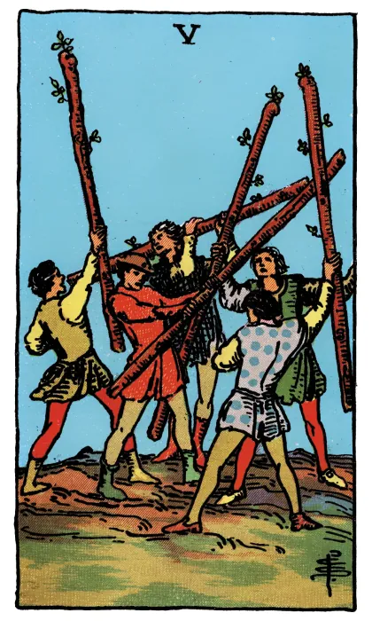 Five of Wands tarot card from a Rider-Waite-Smith-style deck