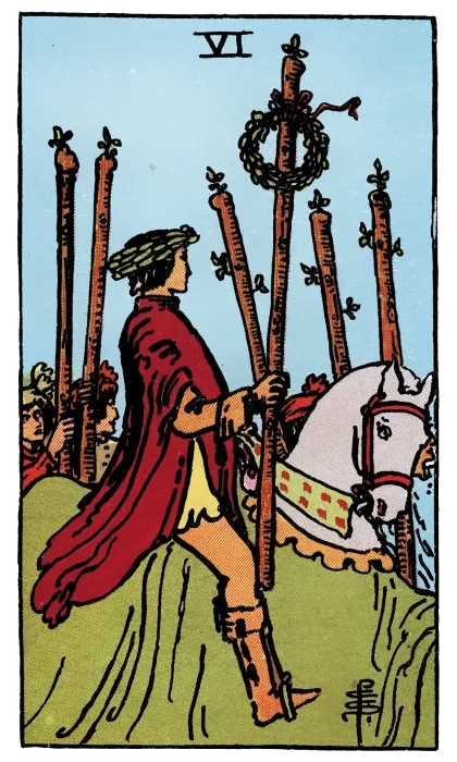 Six of Wands tarot card from a Rider-Waite-Smith-style deck