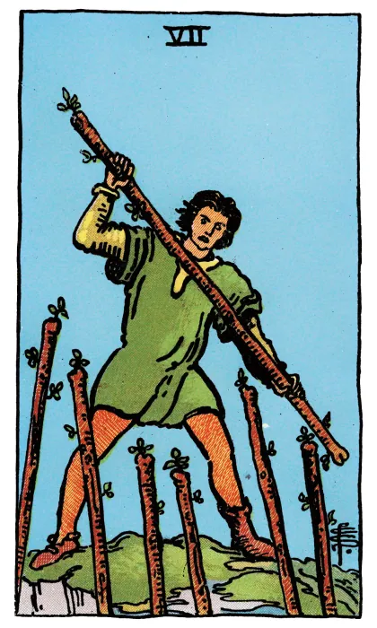Seven of Wands tarot card from a Rider-Waite-Smith-style deck