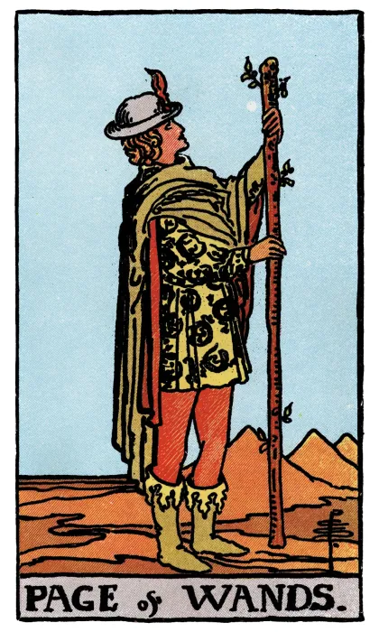 Page of Wands tarot card from a Rider-Waite-Smith-style deck