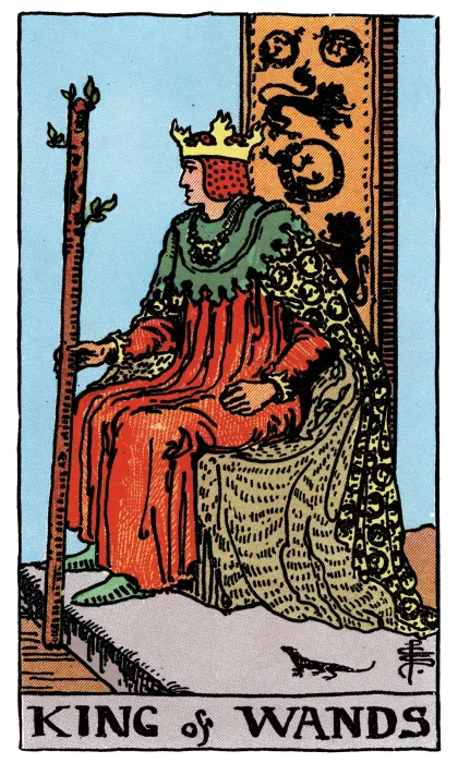 King of Wands tarot card from a Rider-Waite-Smith-style deck
